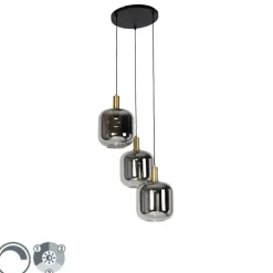Hanglamp zwart met goud en smoke glas incl. 3 PUCC - Zuzanna