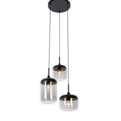 Hanglamp zwart met goud en smoke glas 3-lichts rond - Kyan