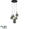 Hanglamp zwart met goud met smoke glas incl. 5 PUCC - Zuzanna