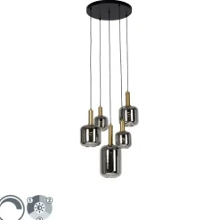 Hanglamp zwart met goud met smoke glas incl. 5 PUCC - Zuzanna
