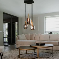 Hanglamp zwart met goud met smoke glas 5-lichts - Zuzanna
