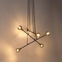 Hanglamp zwart met messing en smoke glas 6-lichts - Vidro