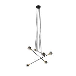 Hanglamp zwart met messing en smoke glas 6-lichts - Vidro
