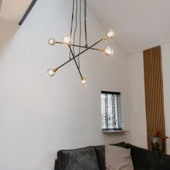 Hanglamp zwart met messing en smoke glas 6-lichts - Vidro