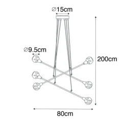Hanglamp zwart met messing en smoke glas 6-lichts - Vidro