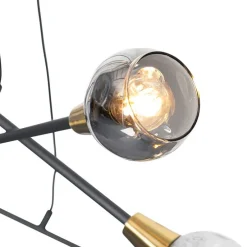 Hanglamp zwart met messing en smoke glas 6-lichts - Vidro