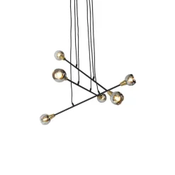 Hanglamp zwart met messing en smoke glas 6-lichts - Vidro