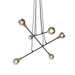 Hanglamp zwart met messing en smoke glas 6-lichts - Vidro