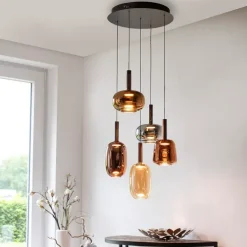 Hanglamp zwart met multicolor glas rond incl. LED 5-lichts easylift - Irides