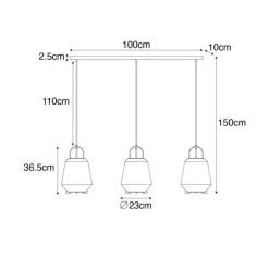 Hanglamp zwart met smoke glas 23 cm langwerpig 3-lichts - Kevin