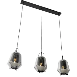Hanglamp zwart met smoke glas 23 cm langwerpig 3-lichts - Kevin