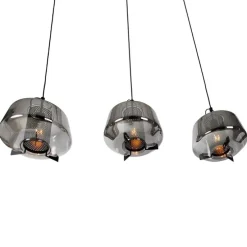 Hanglamp zwart met smoke glas 30 cm langwerpig 3-lichts - Kevin