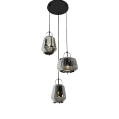 Hanglamp zwart met smoke glas rond 3-lichts - Kevin