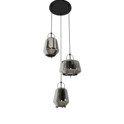 Hanglamp zwart met smoke glas rond 3-lichts - Kevin