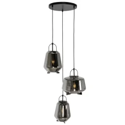 Hanglamp zwart met smoke glas rond 3-lichts - Kevin