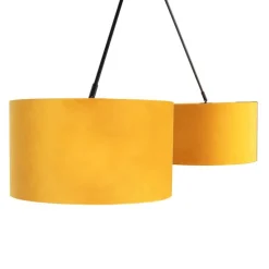 Hanglamp zwart met velours kappen oker met goud 35 cm - Blitz