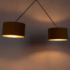 Hanglamp zwart met velours kappen oker met goud 35 cm - Blitz