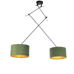 Hanglamp zwart met velours kappen groen met goud 35 cm 2-lichts - Blitz