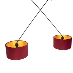 Hanglamp zwart met velours kappen rood met goud 35 cm 2-lichts - Blitz