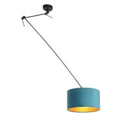 Hanglamp zwart met velours kap blauw met goud 35 cm - Blitz
