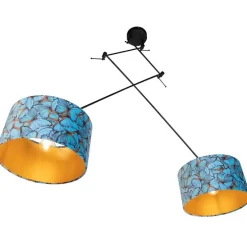 Hanglamp zwart met velours kappen vlinders met goud 35 cm 2-lichts - Blitz