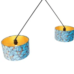 Hanglamp zwart met velours kappen vlinders met goud 35 cm 2-lichts - Blitz