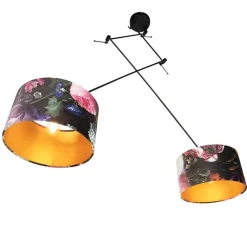 Hanglamp zwart met velours kappen bloemen met goud 35 cm 2-lichts - Blitz