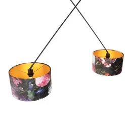 Hanglamp zwart met velours kappen bloemen met goud 35 cm 2-lichts - Blitz