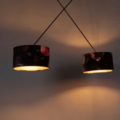 Hanglamp zwart met velours kappen bloemen met goud 35 cm 2-lichts - Blitz