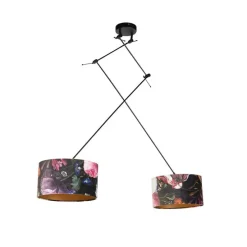 Hanglamp zwart met velours kappen bloemen met goud 35 cm 2-lichts - Blitz