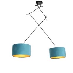 Hanglamp zwart met velours kappen blauw met goud 35 cm 2-lichts - Blitz