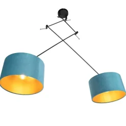 Hanglamp zwart met velours kappen blauw met goud 35 cm 2-lichts - Blitz