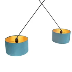 Hanglamp zwart met velours kappen blauw met goud 35 cm 2-lichts - Blitz