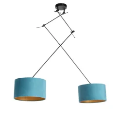 Hanglamp zwart met velours kappen blauw met goud 35 cm 2-lichts - Blitz