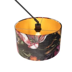 Hanglamp zwart met velours kap bloemen met goud 35 cm - Blitz
