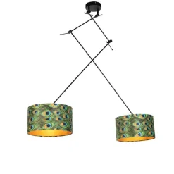 Hanglamp zwart met velours kappen pauw met goud 35 cm 2-lichts - Blitz
