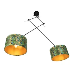 Hanglamp zwart met velours kappen pauw met goud 35 cm 2-lichts - Blitz
