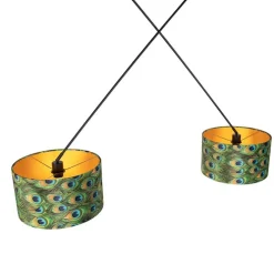 Hanglamp zwart met velours kappen pauw met goud 35 cm 2-lichts - Blitz