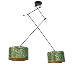 Hanglamp zwart met velours kappen pauw met goud 35 cm 2-lichts - Blitz