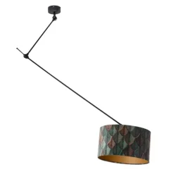 Hanglamp zwart met velours lampenkap blad dessin met gouden binnenkant 40/40/40 - Blitz
