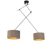 Hanglamp zwart met velours kappen taupe met goud 35 cm 2-lichts - Blitz