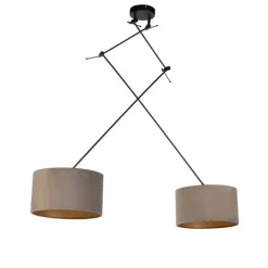 Hanglamp zwart met velours kappen taupe met goud 35 cm 2-lichts - Blitz
