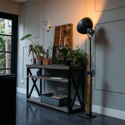 Industriele vloerlamp donkergrijs met mango hout - Mangoes