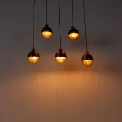 Industriële hanglamp brons met hout 5-lichts - Haicha