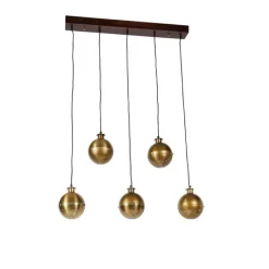 Industriële hanglamp brons met hout 5-lichts - Haicha