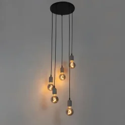 Industriële hanglamp zwart met beton rond 5-lichts - Pedra