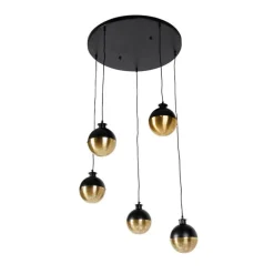 Industriële hanglamp zwart met messing 5-lichts - Haicha