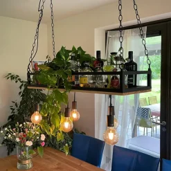 Industriële hanglamp zwart met hout 5-lichts - Shelf