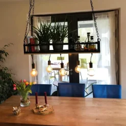 Industriële hanglamp zwart met hout 5-lichts - Shelf