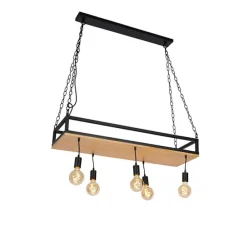 Industriële hanglamp zwart met hout 5-lichts - Shelf